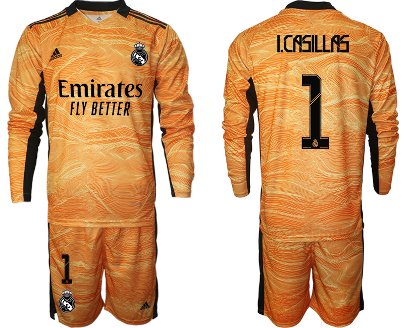 Men 2021-2022 Club Real Madrid orange yellow Long Sleeve goalkeeper #1 Soccer Jerseys->customized soccer jersey->Custom Jersey